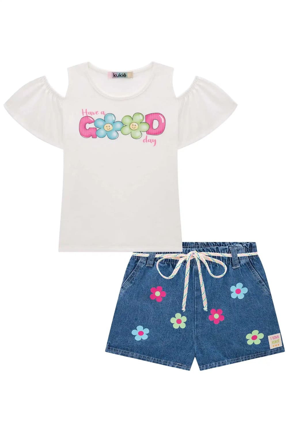 Conjunto Infantil Kukie Verão Shorts Jeans e Blusa Branca Florzinha