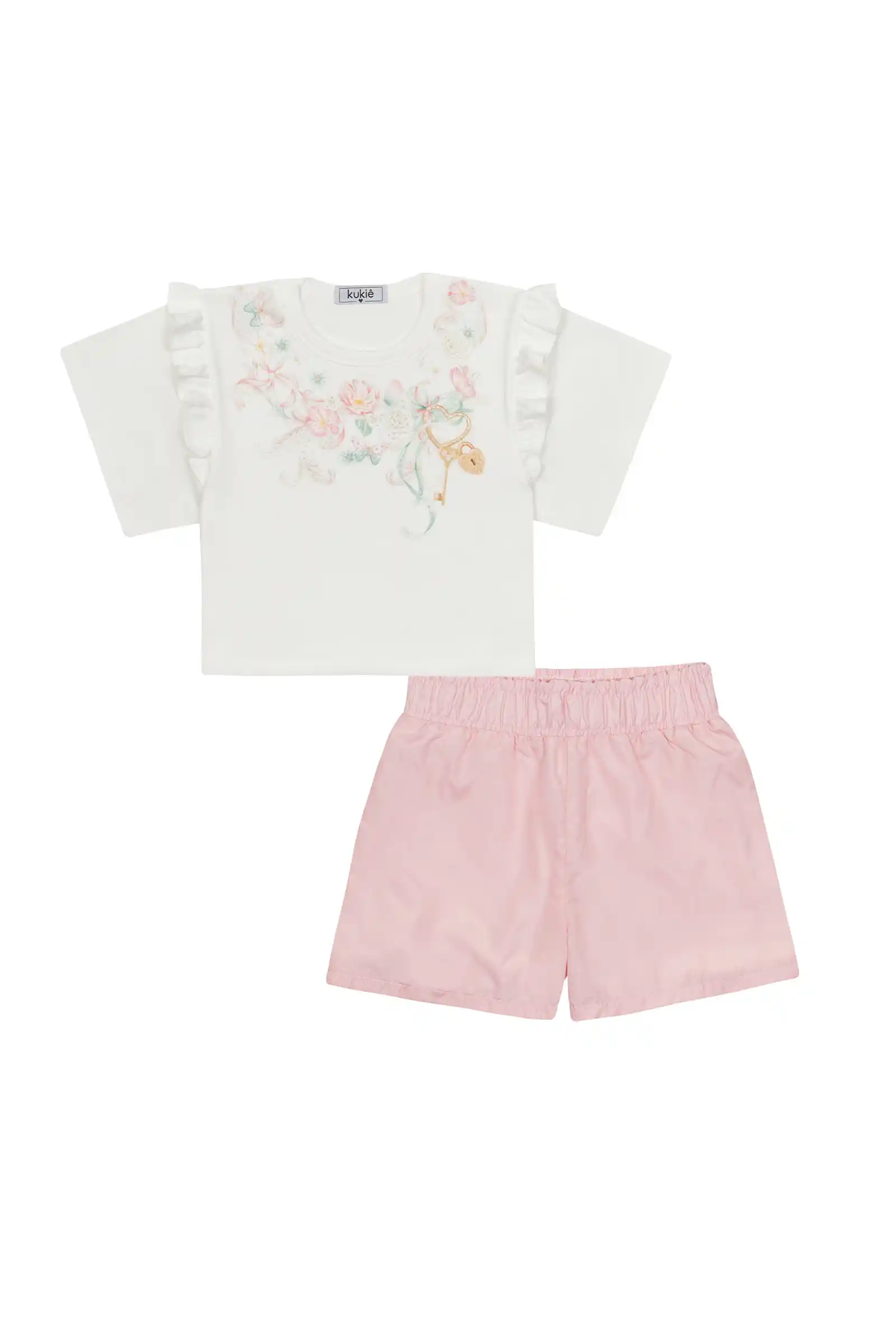 Conjunto Infantil Kukiê com Shorts Rosa e Blusa Manga Floral