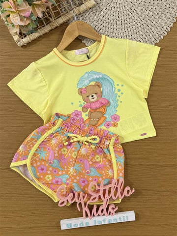 Conjunto Infantil Kukiê Verão com Shorts Laranja e Blusa Amarela Ursinha Surfista
