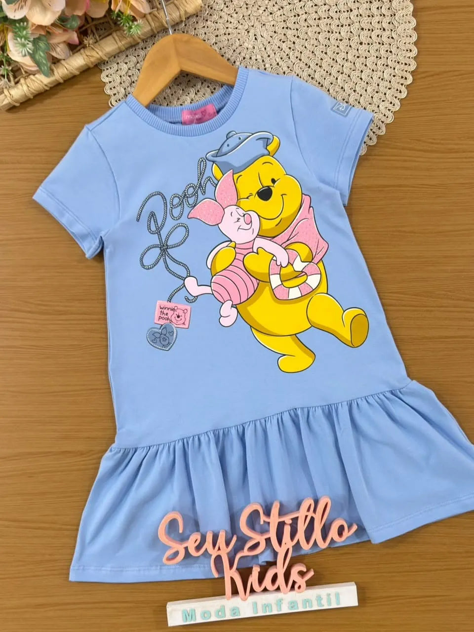 Vestido Infantil Momi Azul Ursinho Pooh Strass Disney