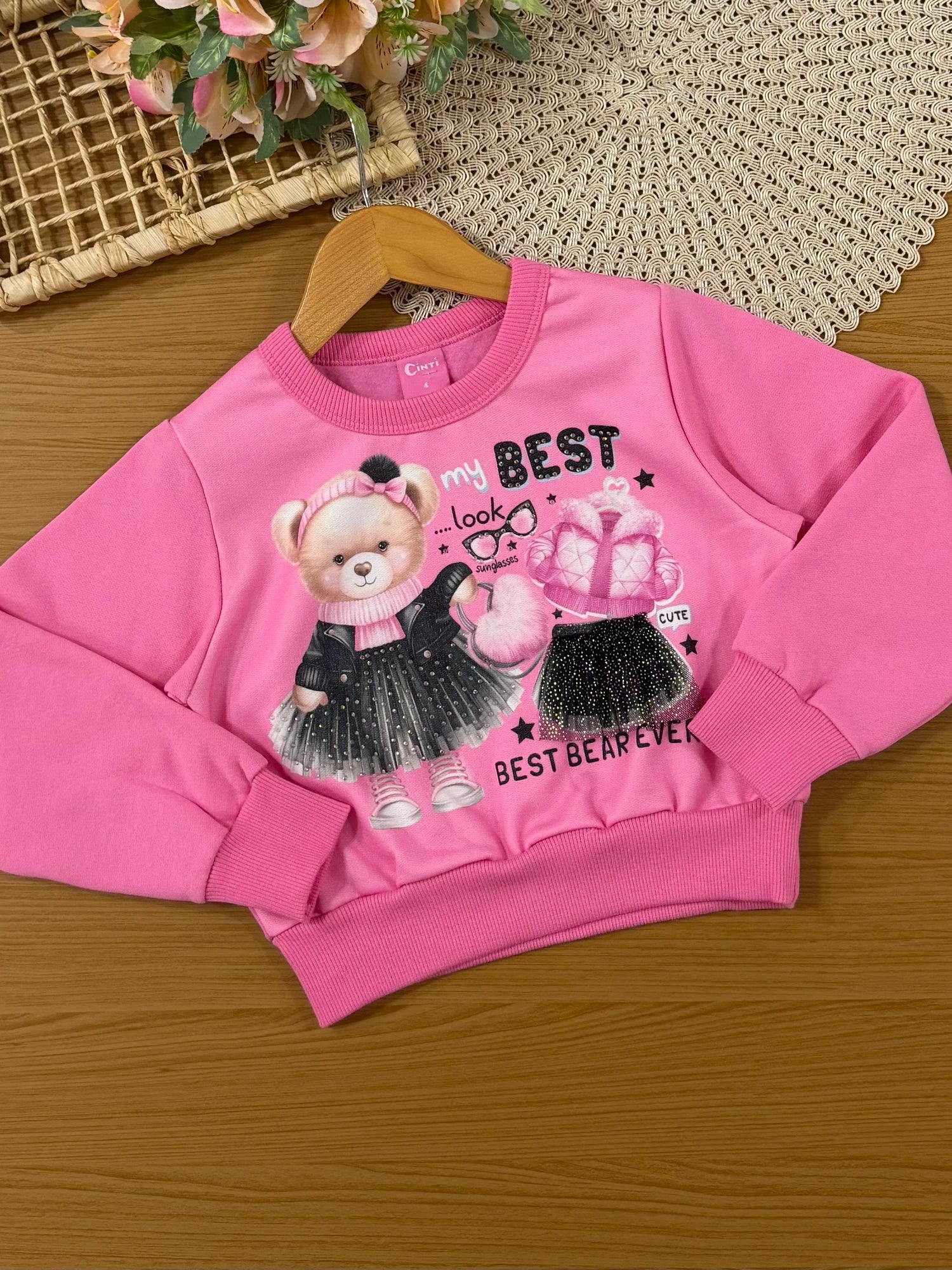 Conjunto Infantil Cinti Inverno com Calça Preta e Moletom Flanelado Ursinha Best