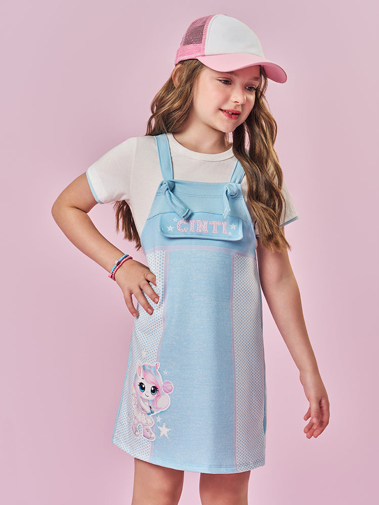 Salopete Infantil Cinti Verão Azul Unicórnio Tênista com Blusa Branca