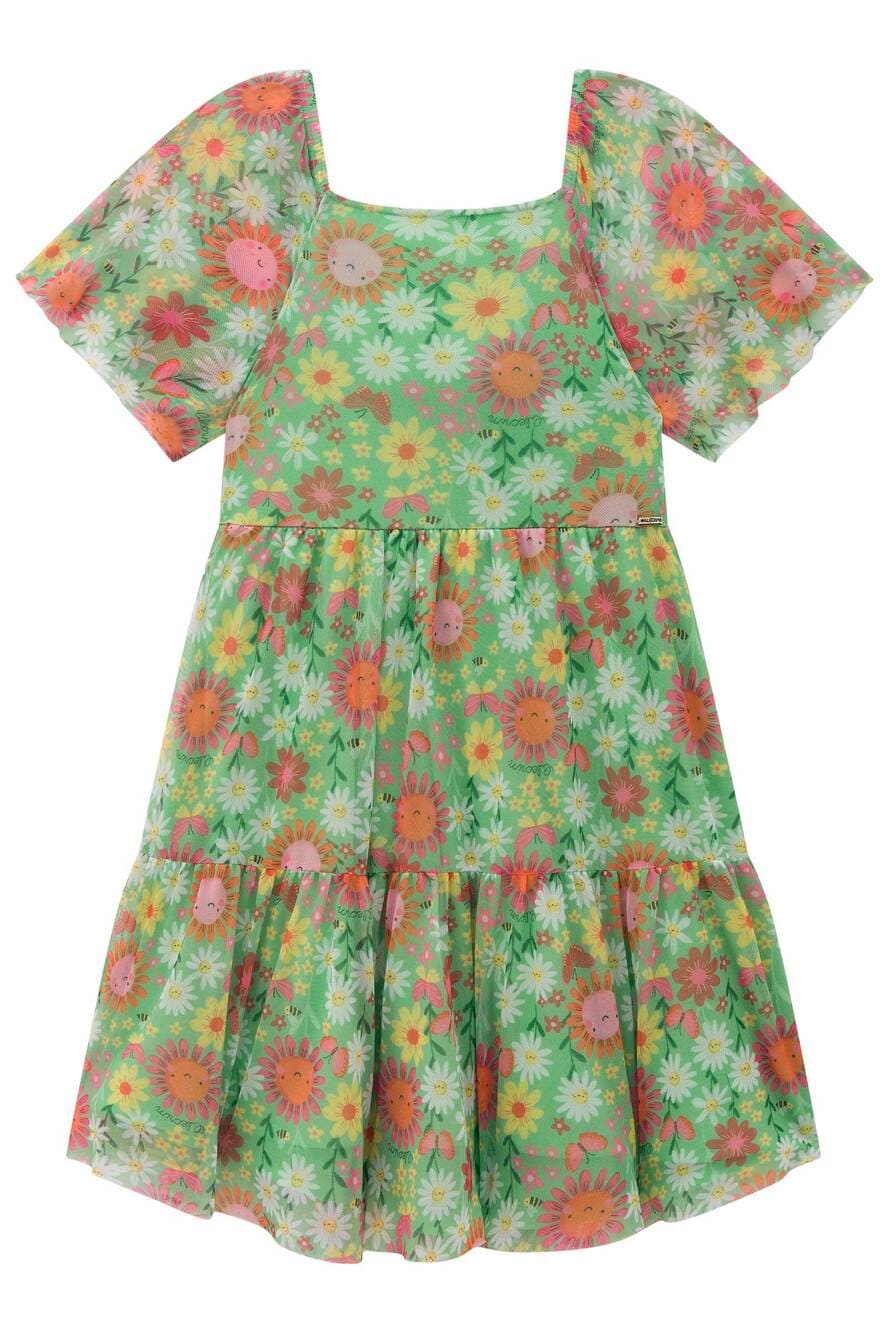 Vestido Infantil Kukiê Verão Verde Tule Flor