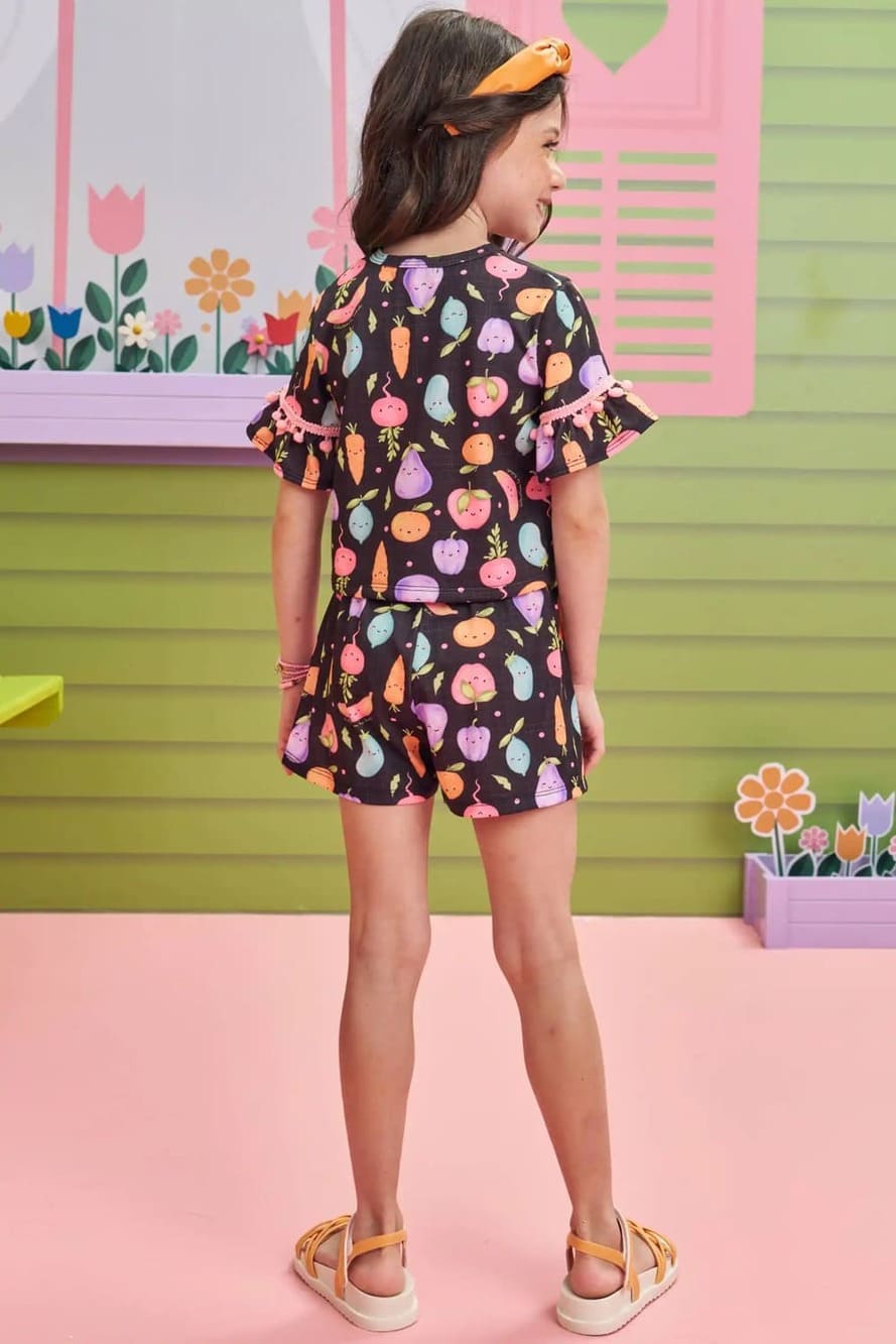Conjunto Infantil Kukie Alecrim Verão Shorts e Blusa Preta Ursinha