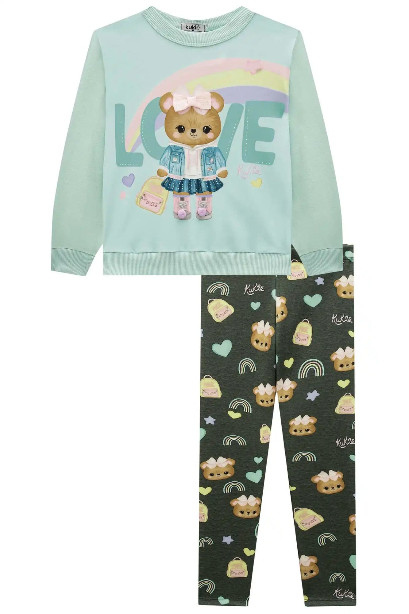 Conjunto Infantil Inverno Kukiê com Calça Cinza e Moletom sem Flanela Verde Ursinha Love
