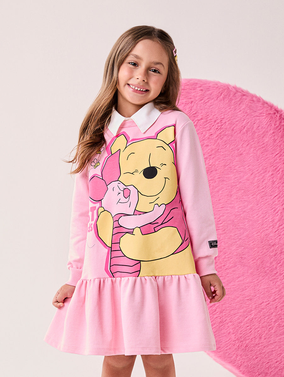 Vestido Infantil Bimbi Inverno Rosa Ursinho Pooh e Leitão Disney