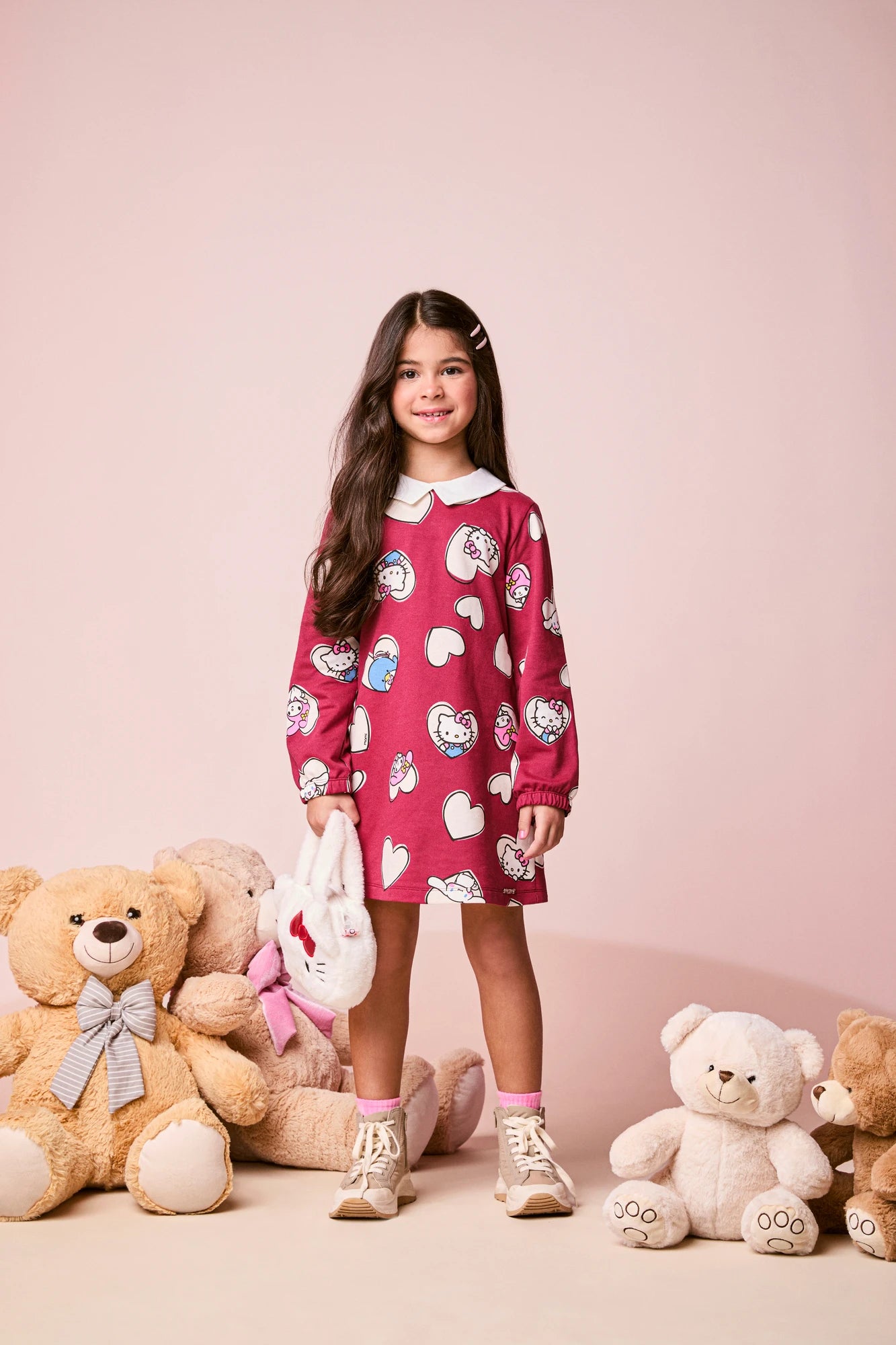Vestido Infantil Momi Inverno Vinho Hello Kitty Love