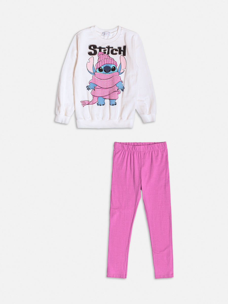 Conjunto Infantil Momi Inverno com Calça Roxa e Moletom sem Flanela Branco Stitch Disney