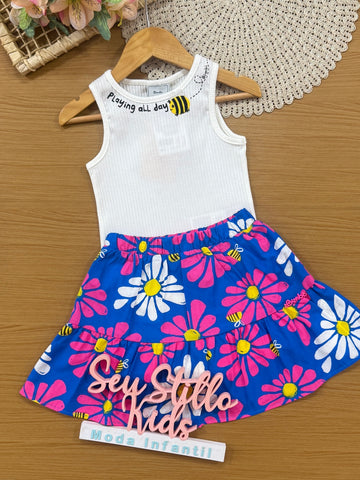 Conjunto Infantil Bimbi Verão com Saia Floral e Blusa Branca Abelhinha