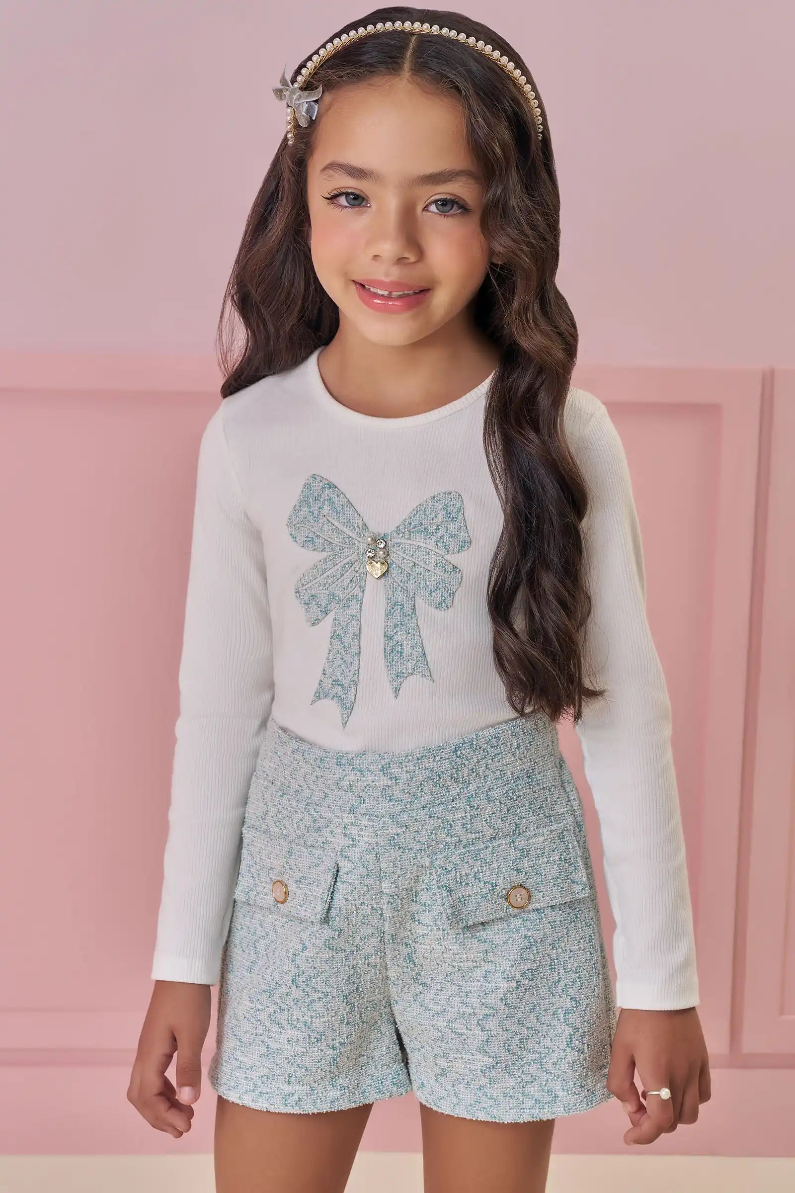 Conjunto Infantil Kukiê Inverno com Shorts Azul e Blusa Manga Longa Lacinho