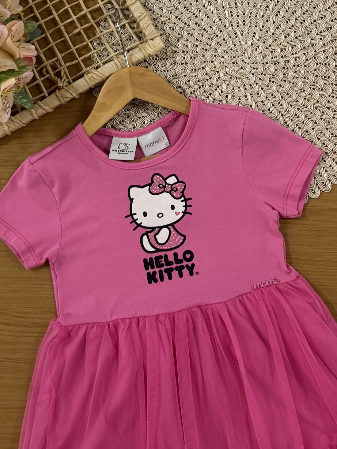 Vestido Infantil Momi Verão Rosa com Tule Hello Kitty