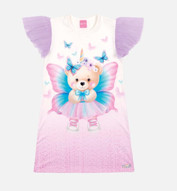 Vestido Infantil Cinti Verão Branco Ursinha Borboleta