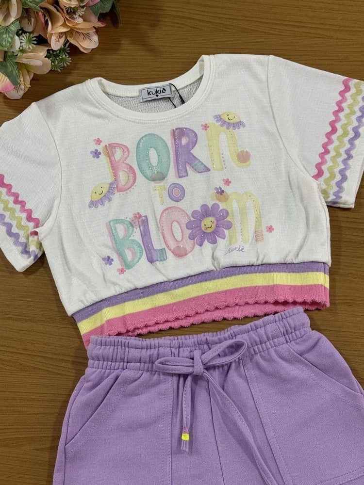 Conjunto Infantil Kukie Verão Shorts Lilás e Blusa Florescer