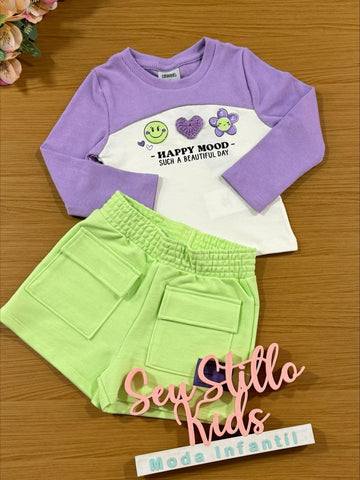 Conjunto Infantil Catavento Inverno Shorts e Blusa Happy Lilás