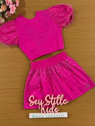 Conjunto Infantil Catavento Verão Saia e Blusa Pink Brilhos