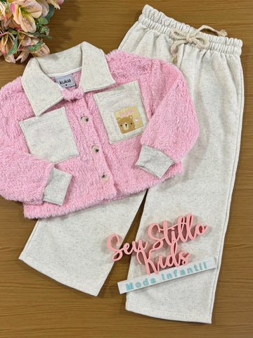 Conjunto Infantil Kukie Inverno Calça Wide Leg e Jaqueta Rosa Ursinho