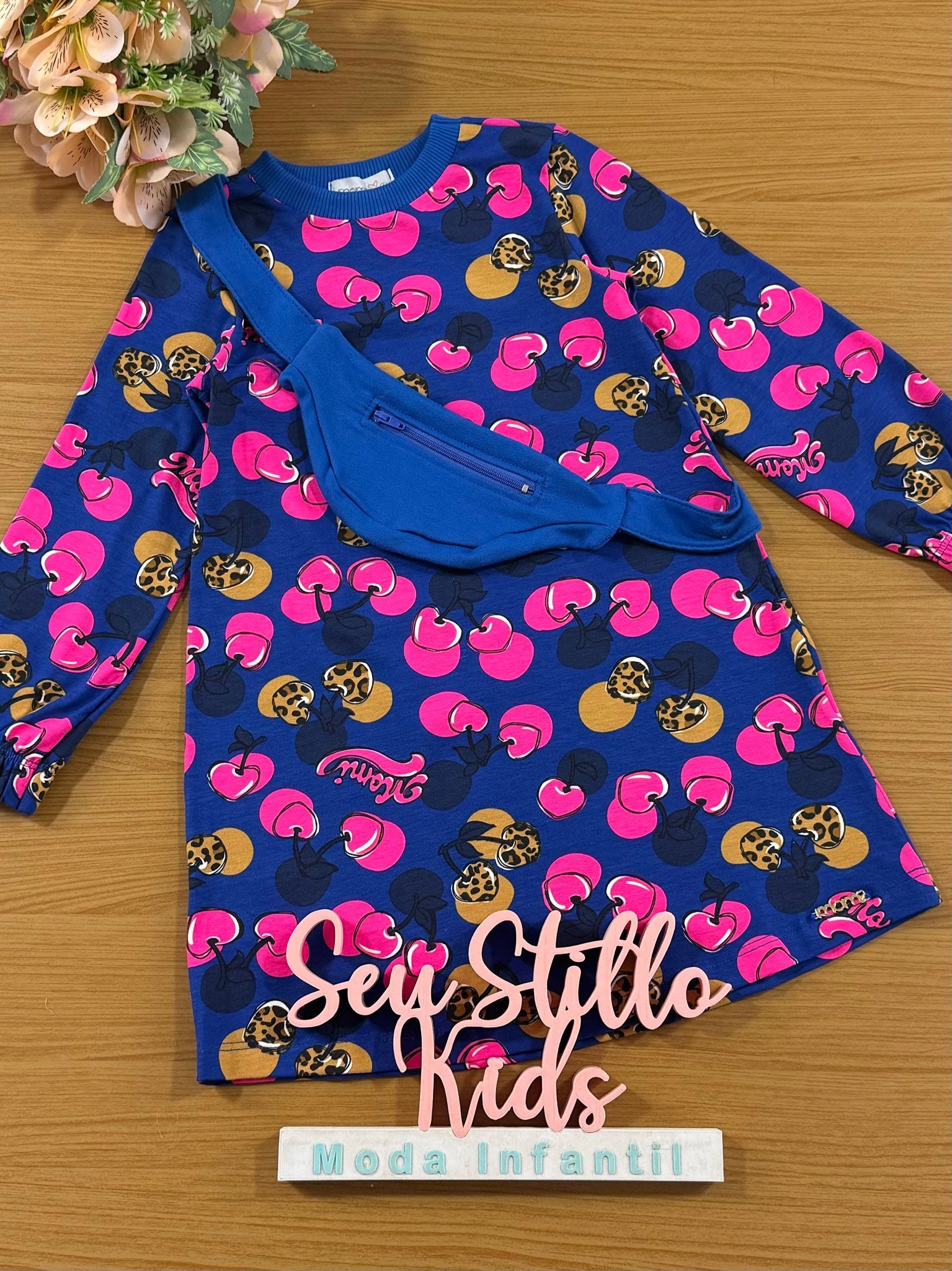 Vestido Infantil Momi Inverno Azul Cerejinha Com Pochete