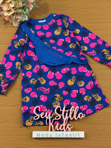 Vestido Infantil Momi Inverno Azul Cerejinha Com Pochete