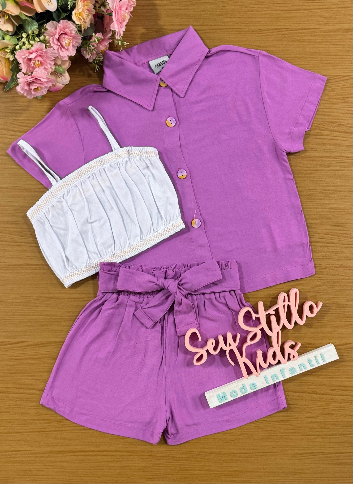 Conjunto Infantil Catavento Verão Shorts, Top e Camisa Roxo