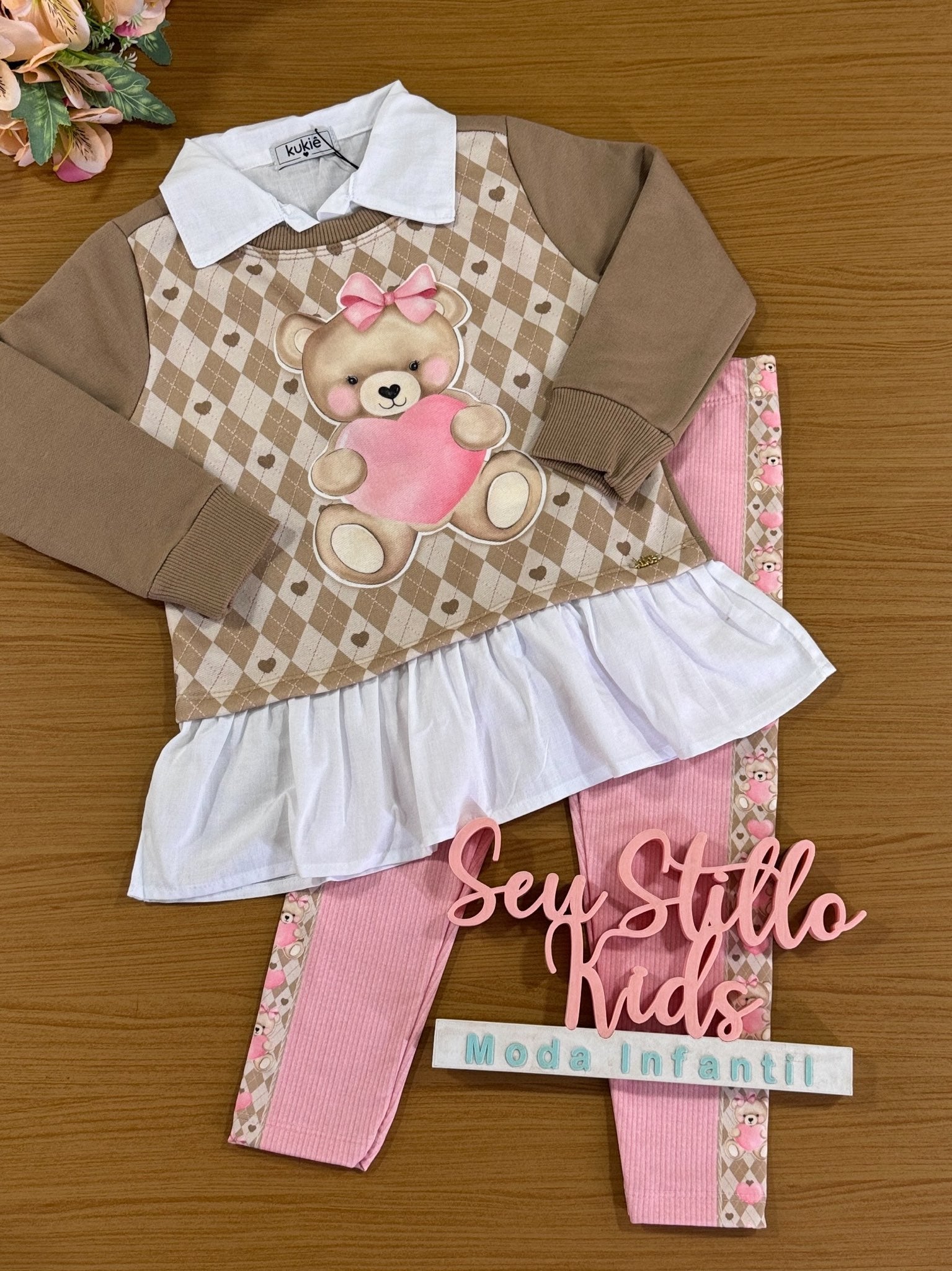 Conjunto Infantil Kukie Inverno Calça Rosa e Moletom Peluciado Ursinha