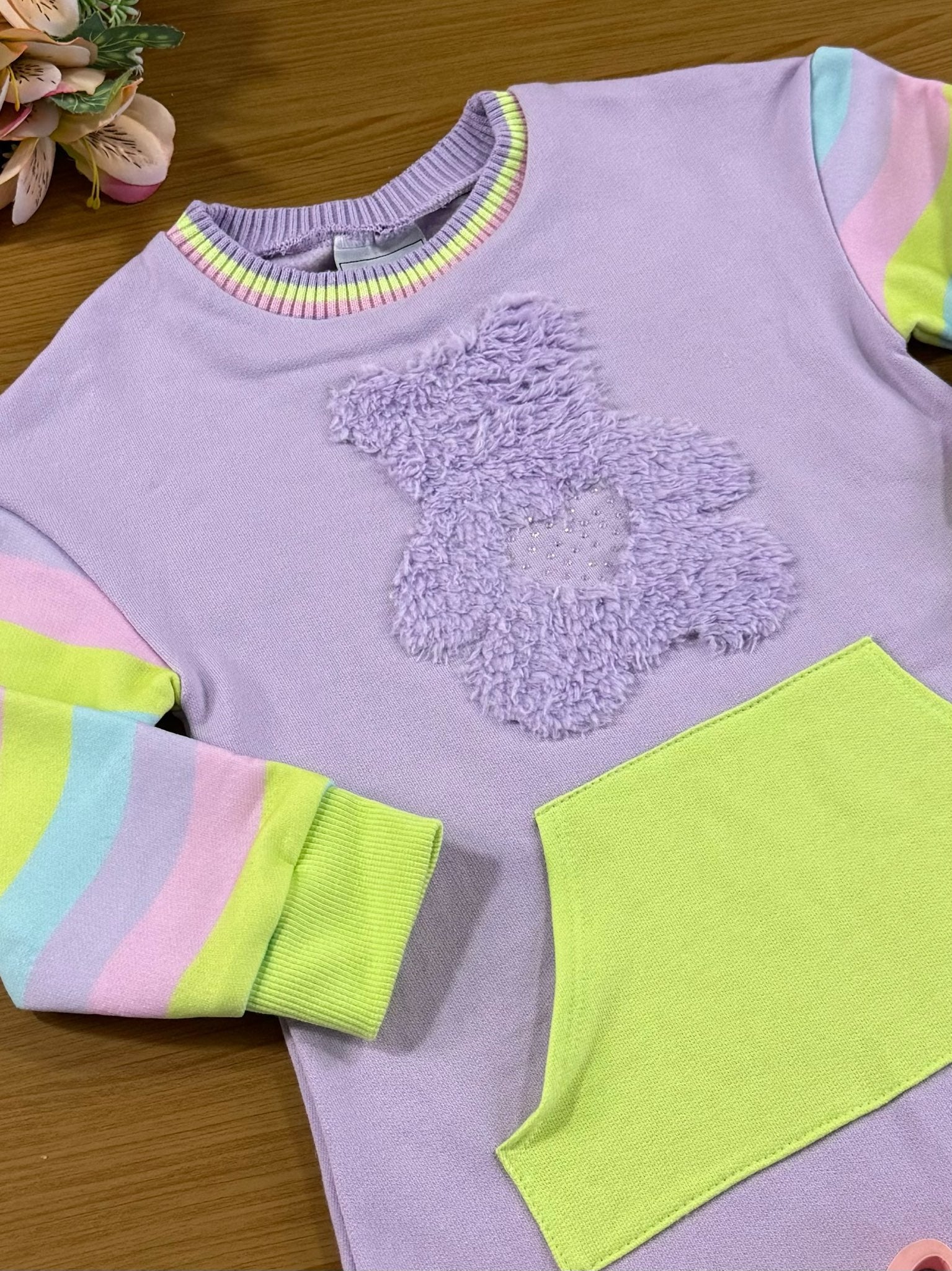 Vestido Infantil Kukie Inverno Moletom Ursinho Lilás