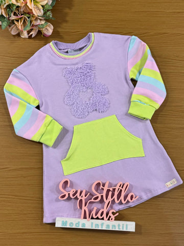 Vestido Infantil Kukie Inverno Moletom Ursinho Lilás