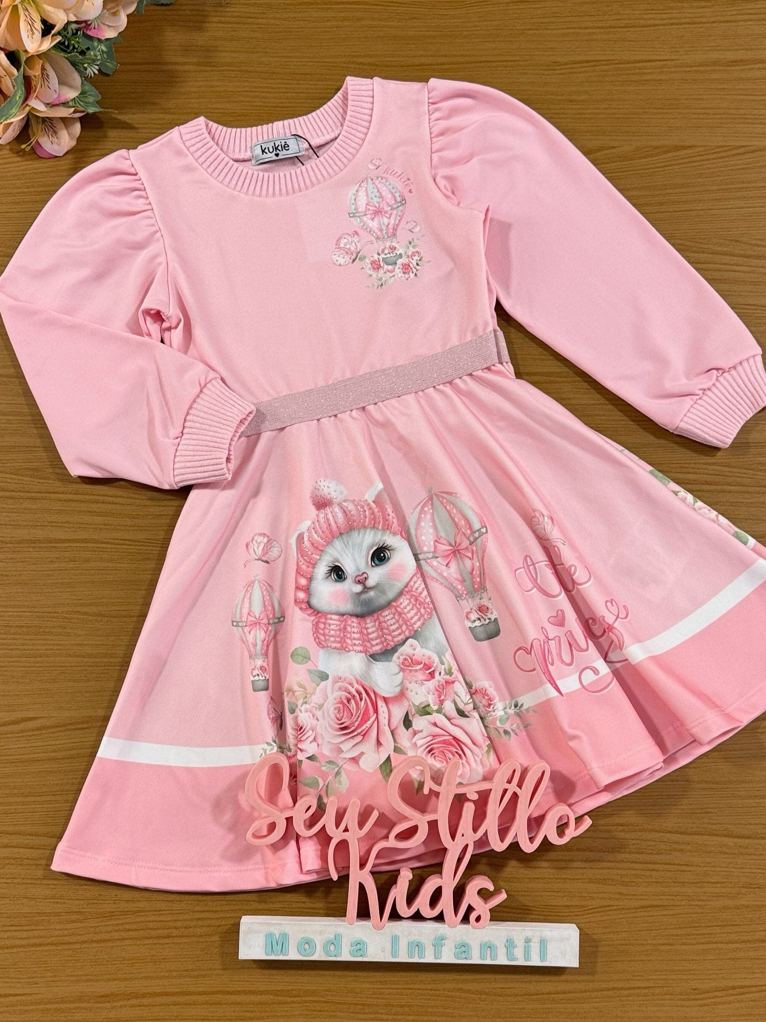 Vestido Infantil Kukie Inverno Rosa Gatinha