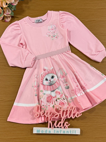 Vestido Infantil Kukie Inverno Rosa Gatinha