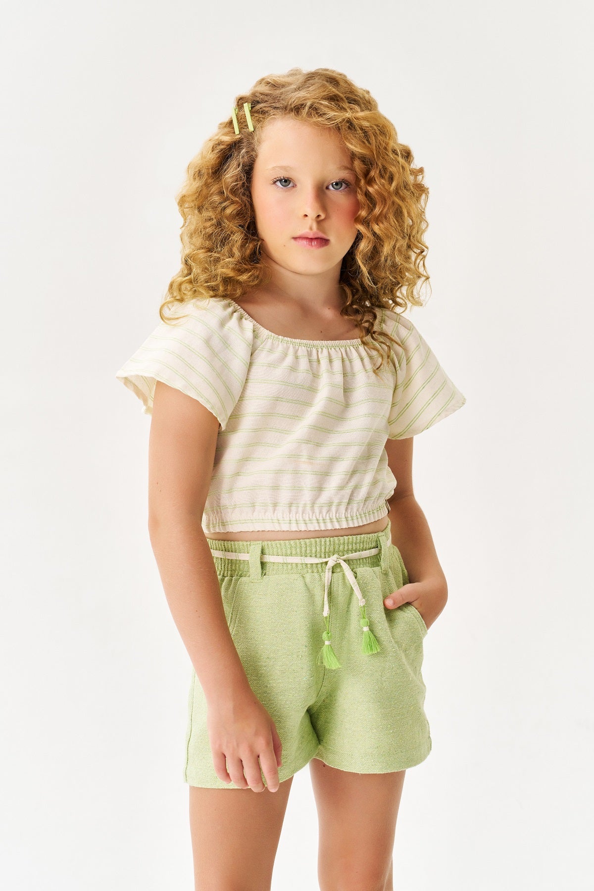 Conjunto Infantil Catavento Verão Shorts Verde e Blusa Listrada