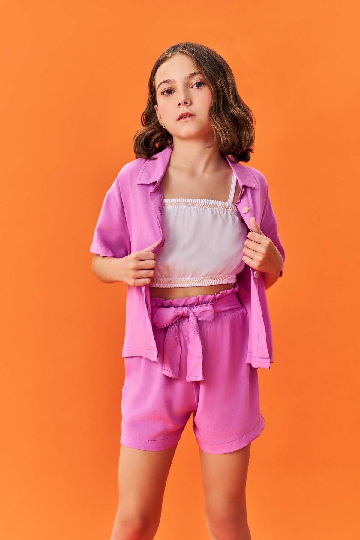Conjunto Infantil Catavento Verão Shorts, Top e Camisa Rosa