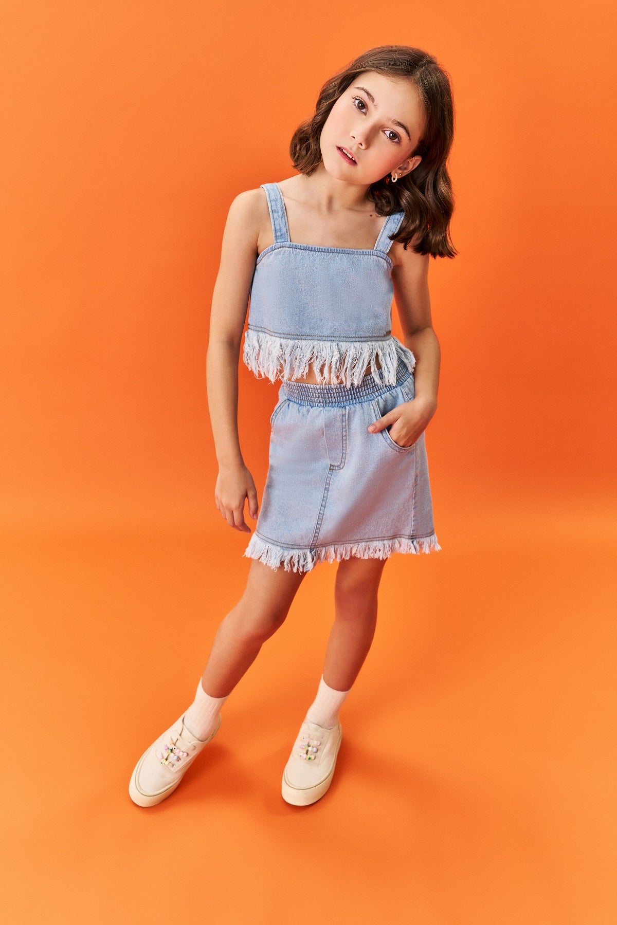 Conjunto Infantil Catavento Saia e Cropped Jeans