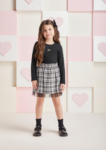 Conjunto Infantil Momi Inverno Saia Xadrez e Blusa Preta