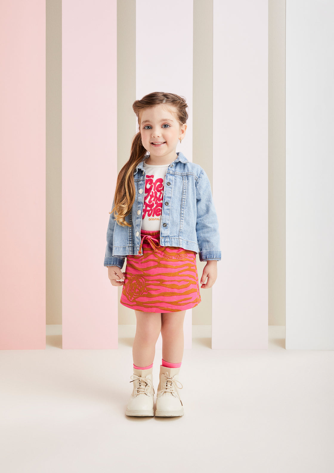 Conjunto Infantil Momi Inverno Short Saia Tigre e Blusa Manga Curta Branca