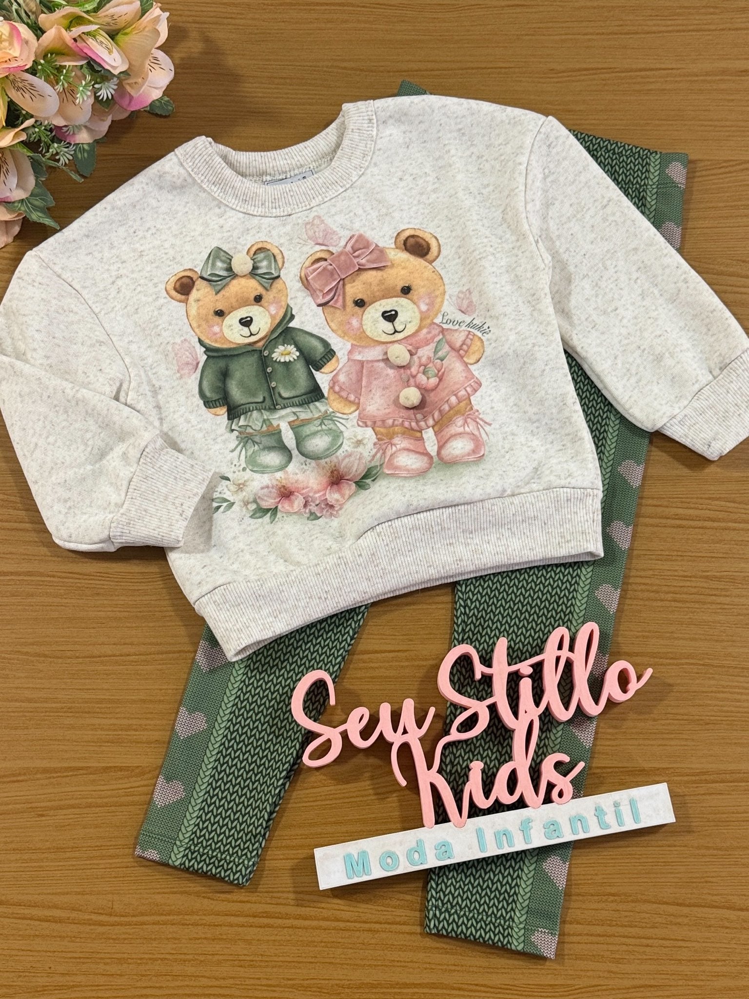 Conjunto Infantil Kukie Inverno Calça Verde e Moletom Peluciado Ursinha