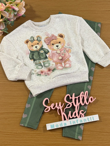 Conjunto Infantil Kukie Inverno Calça Verde e Moletom Peluciado Ursinha