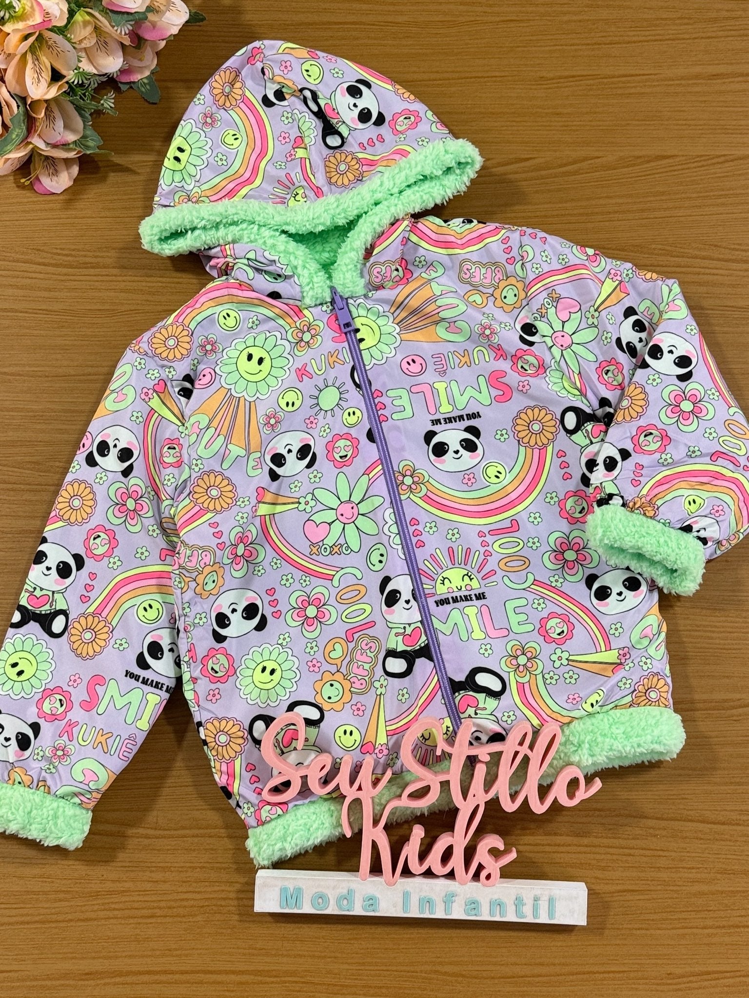 Jaqueta Infantil Kukie Inverno Puffer Panda Lilás