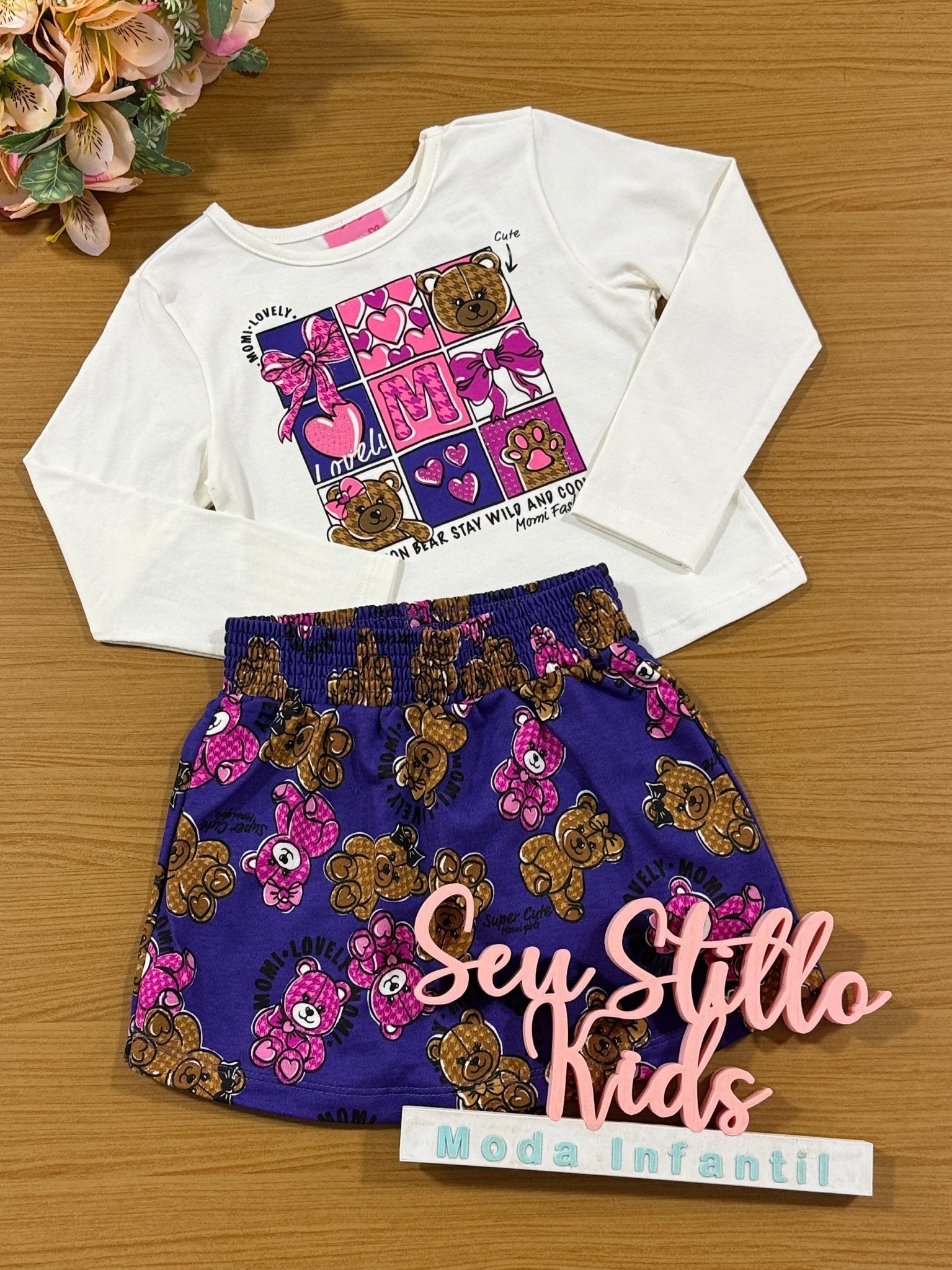 Conjunto Infantil Momi Inverno Shorts Saia e Blusa Ursinha