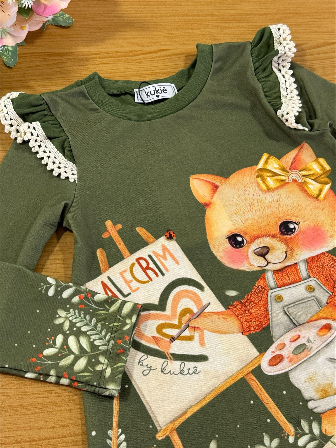 Vestido Infantil Kukie Inverno Verde Raposinha Pintora