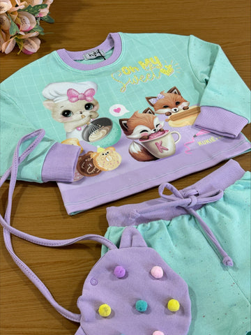 Conjunto Infantil Kukie Inverno Shorts e Moletom Sem Pelúcia Azul Bichinhos Cozinheiros