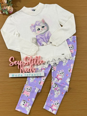 Conjunto Infantil Kukie Inverno Calça Legging e Blusa Gatinha