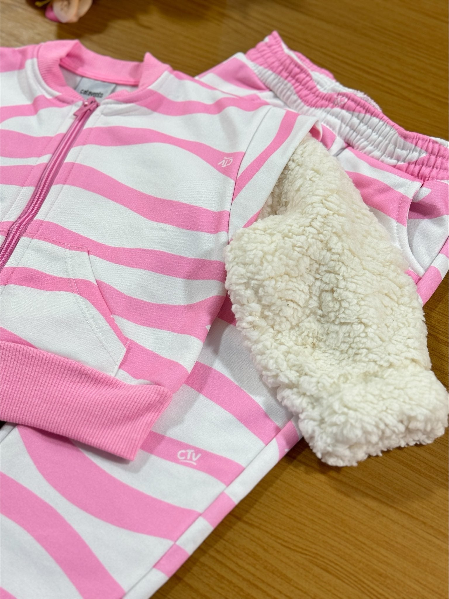 Conjunto Infantil Catavento Inverno Calça e Moletom Flanelado Listras Rosa