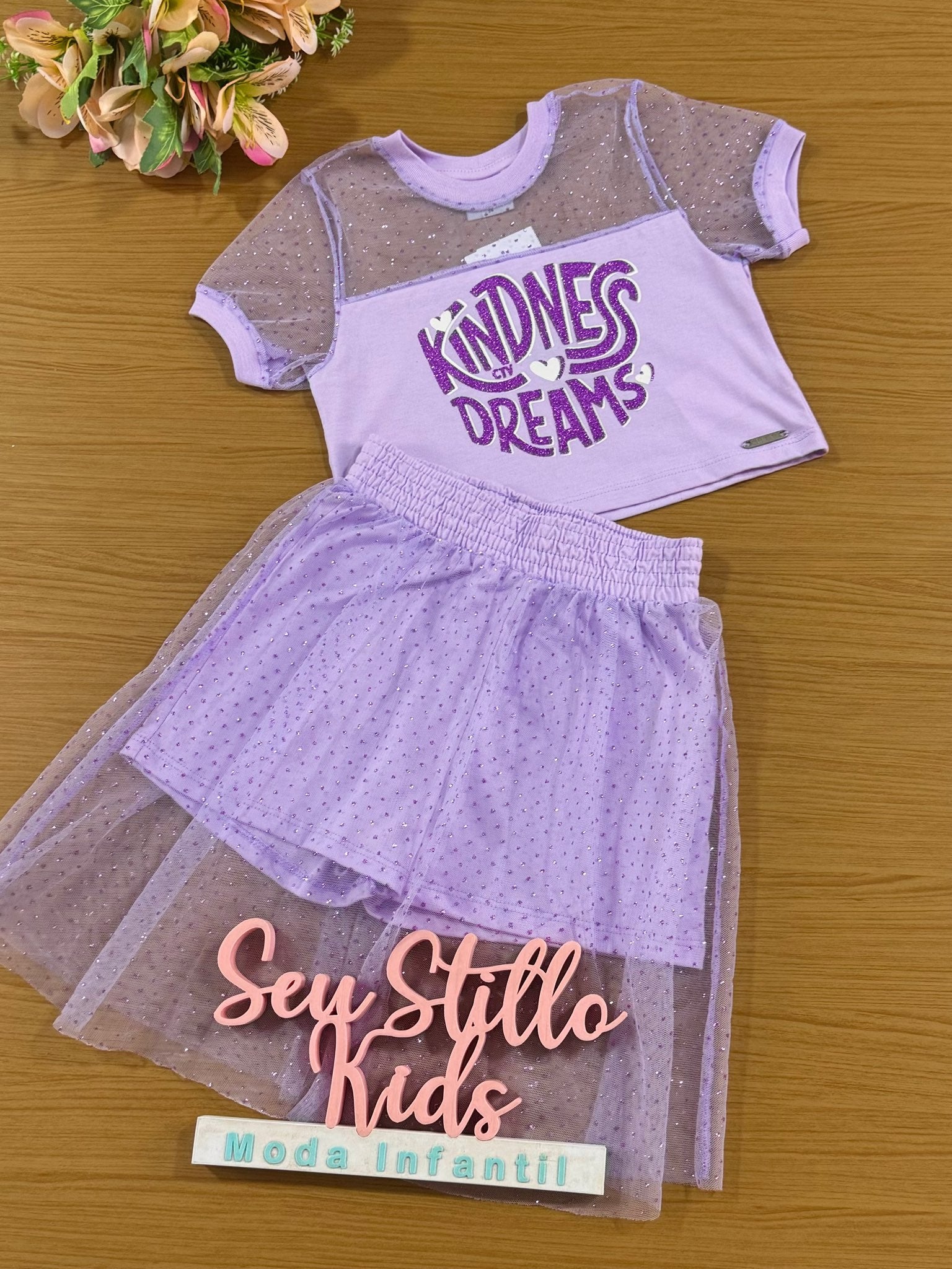 Conjunto Infantil Catavento Verão Saia Tule e Blusa Lilás Dreams