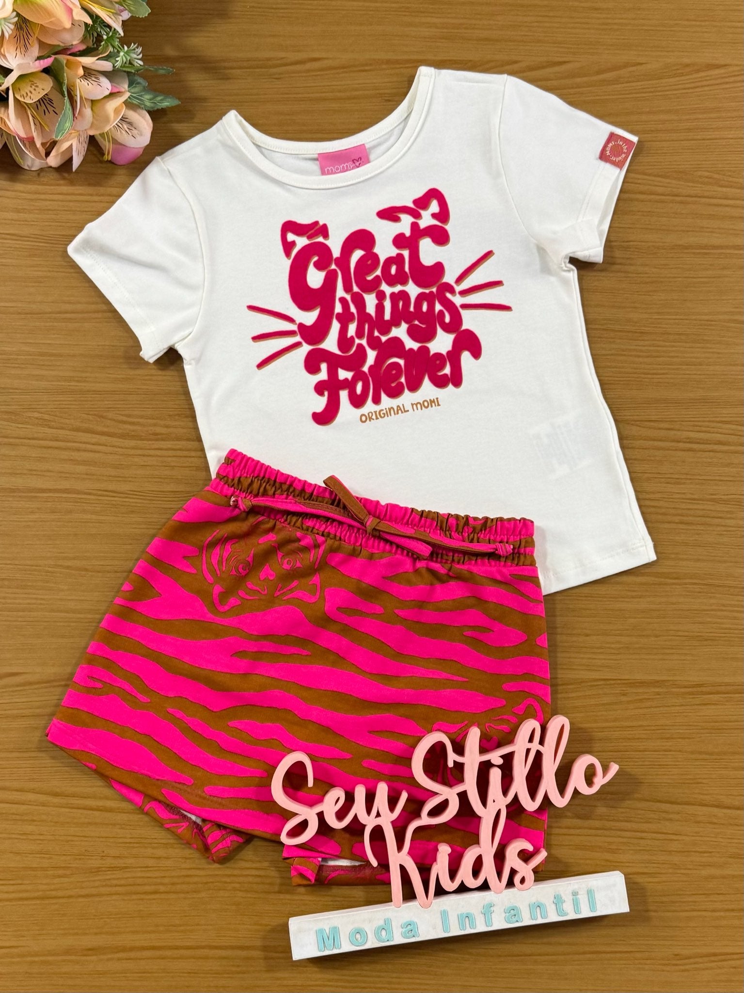 Conjunto Infantil Momi Inverno Short Saia Tigre e Blusa Manga Curta Branca