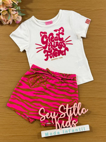 Conjunto Infantil Momi Inverno Short Saia Tigre e Blusa Manga Curta Branca
