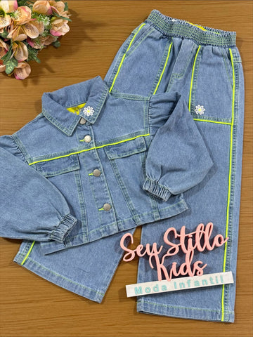Conjunto Infantil Catavento Inverno Calça e Jaqueta Jeans Florzinha