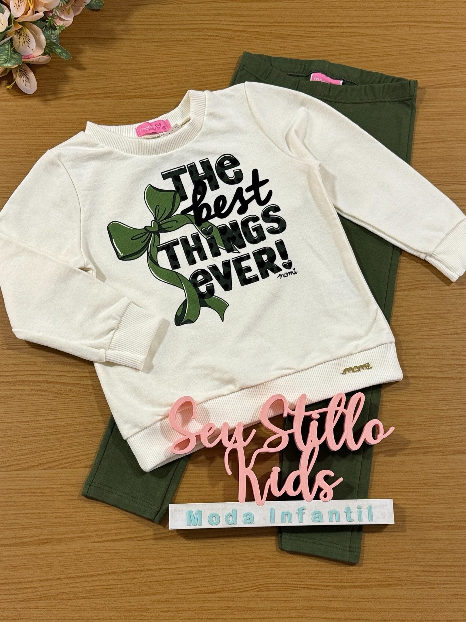 Conjunto Infantil Momi Inverno Calça Verde e Moletom Sem Flanela Lacinho
