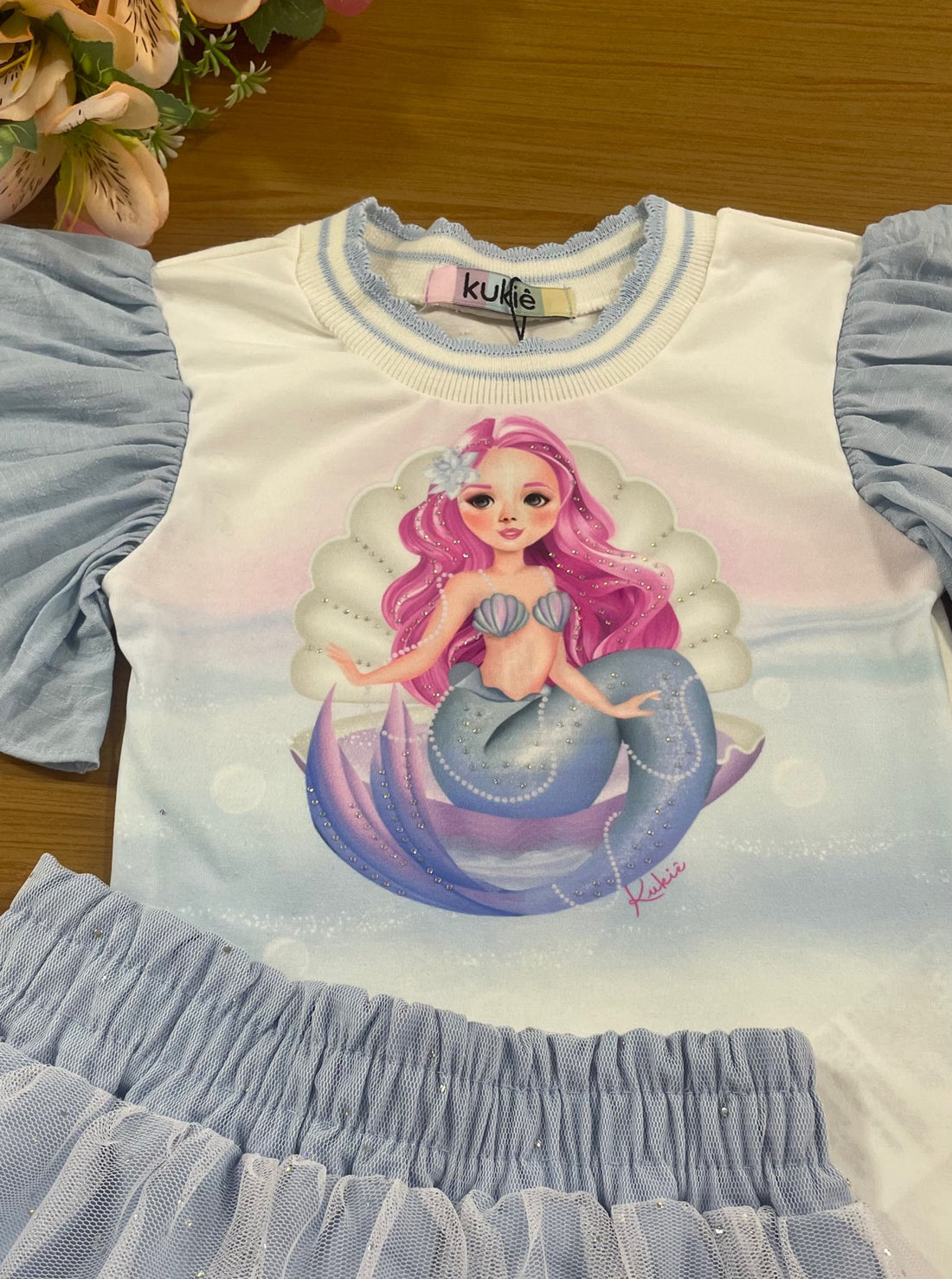 Conjunto Infantil Kukie Inverno Tropical Saia Tule e Blusa Curta Sereia Azul