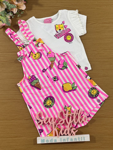 Jardineira Infantil Momi Verão Rosa Listrada Icones com Blusa