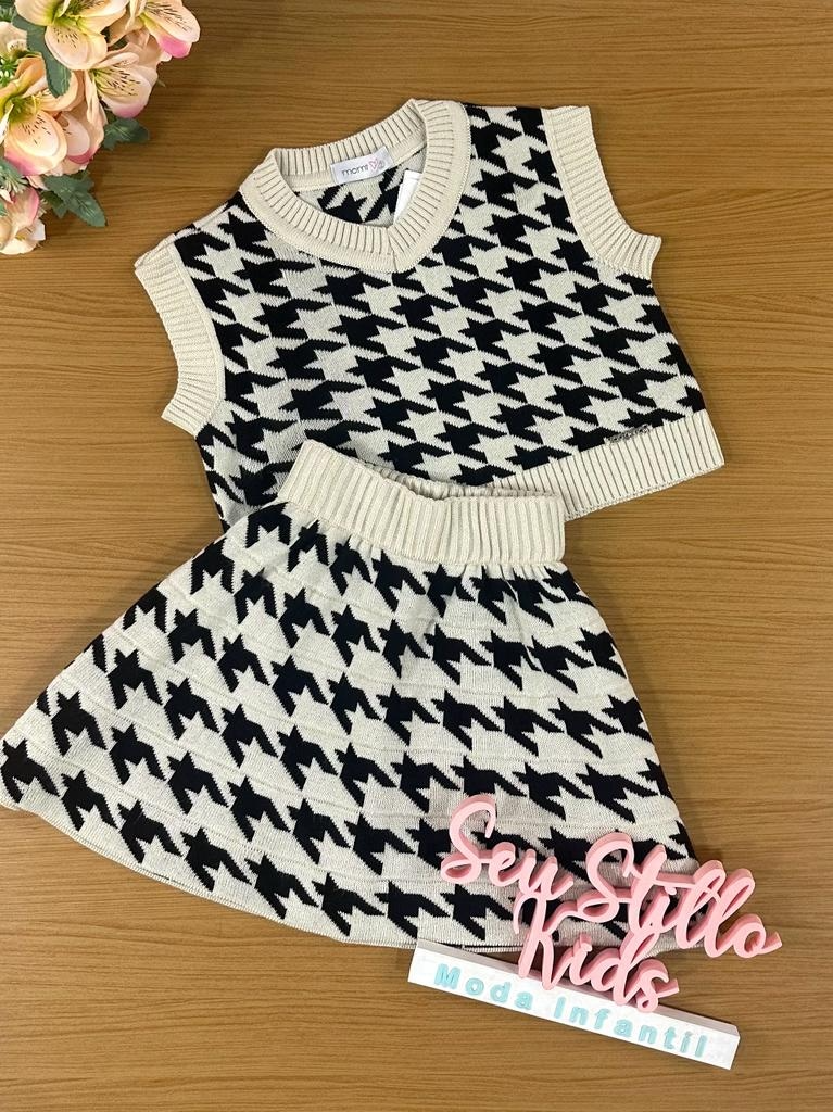 Conjunto Infantil Momi Inverno Com Saia Em Tricot  e Blusa Preta Com Bege