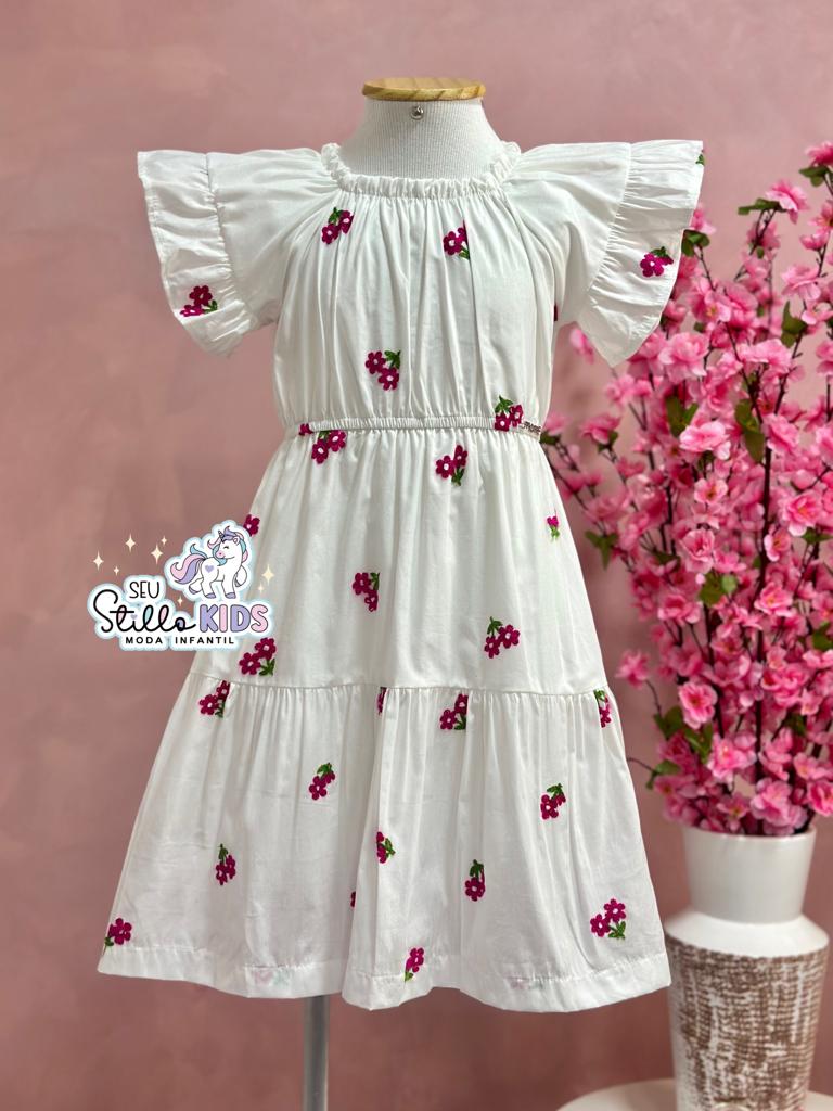 Vestido Infantil Momi Verão Manga Curta Branco Rosas Delicadas